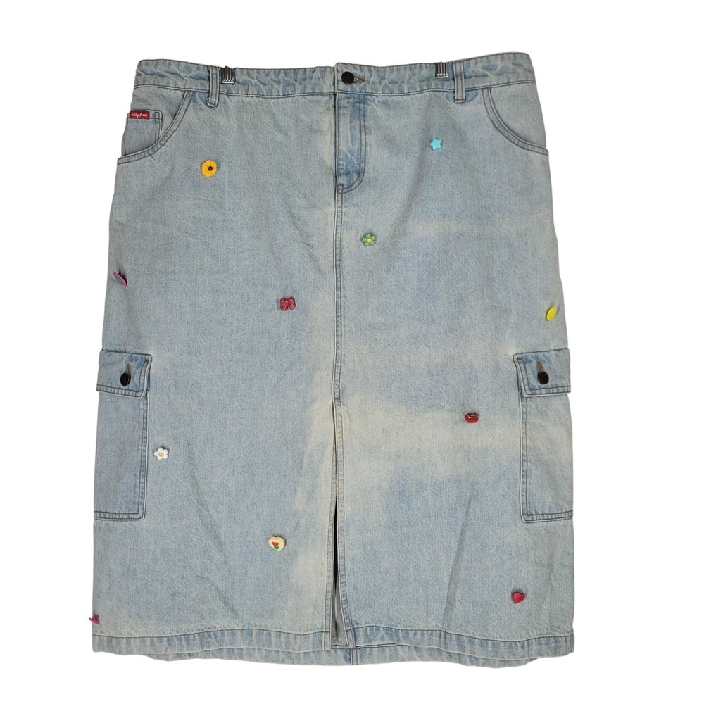 Teddy Fresh Light Wash Denim Cargo Midi Skirt 3D Charms Size 2X Sample RARE